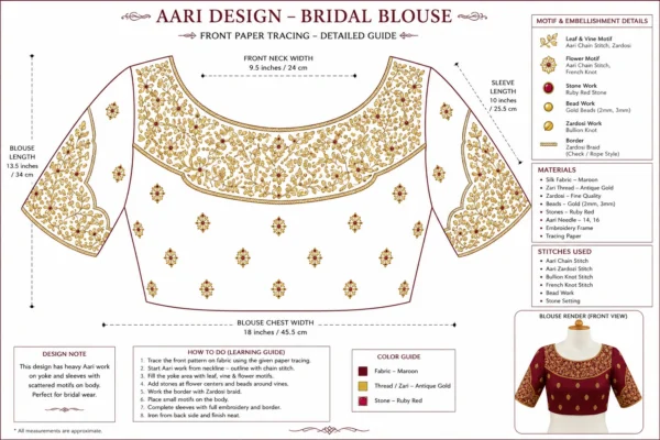 Front Paper Tracing Design for Maroon Bridal Aari Blouse Embroidery Pattern