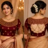 South Indian Bride Wearing Maroon Bridal Aari Blouse with Antique Gold Embroidery