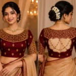 South Indian Bride Wearing Maroon Bridal Aari Blouse with Antique Gold Embroidery