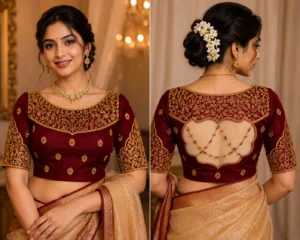 South Indian Bride Wearing Maroon Bridal Aari Blouse with Antique Gold Embroidery