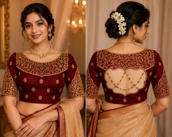 South Indian Bride Wearing Maroon Bridal Aari Blouse with Antique Gold Embroidery