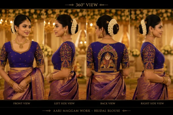 360 Degree View of Royal Blue Murugan Bridal Aari Blouse Design with Temple Embroidery