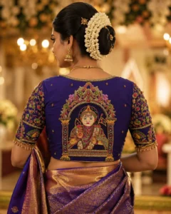 Murugan Temple Aari Blouse Back Design featuring Lord Murugan Embroidery with Bridal Maggam Work