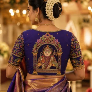 Murugan Temple Aari Blouse Back Design featuring Lord Murugan Embroidery with Bridal Maggam Work