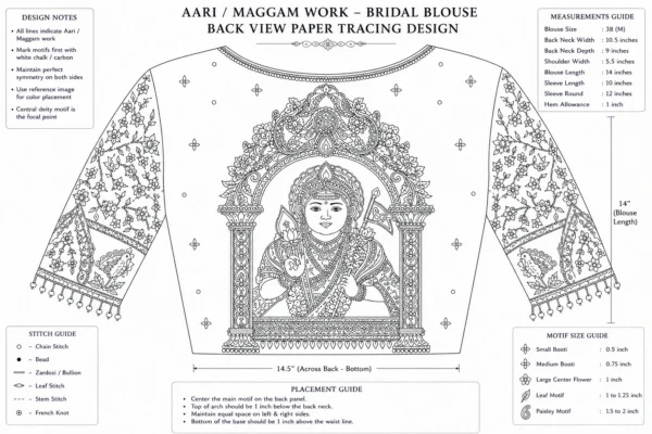 Murugan Temple Aari Blouse Back Design featuring Lord Murugan Embroidery with Bridal Maggam Work paper tracing