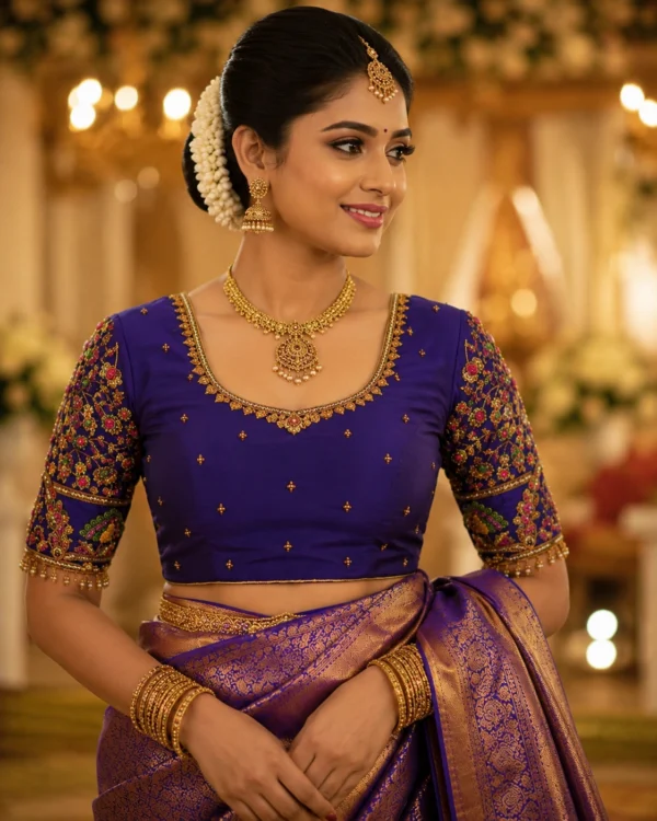 Royal Blue Murugan Aari Blouse Front View with Bridal Aari Embroidery and Premium Maggam Work