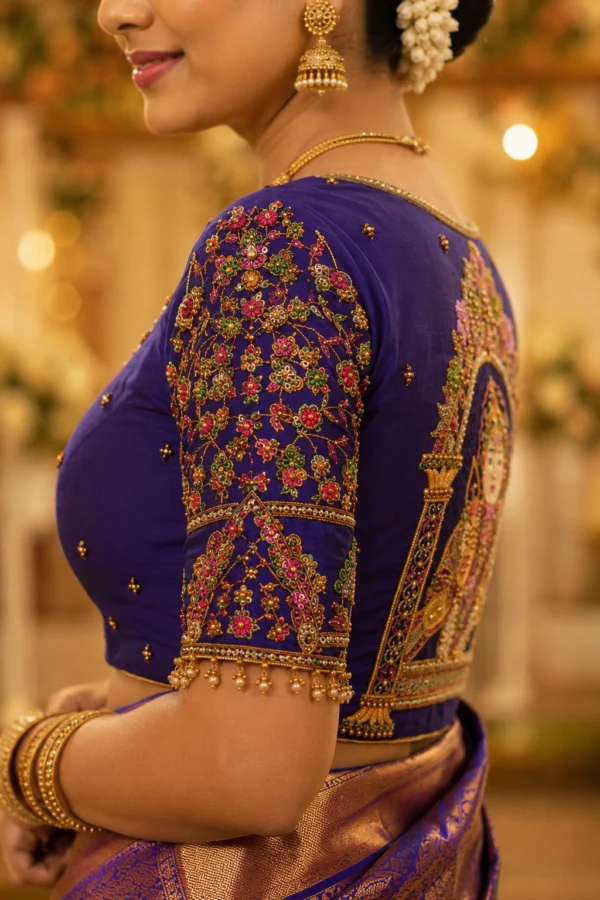 Murugan Aari Blouse Sleeve Design with Floral Embroidery Beads and Traditional Maggam Work