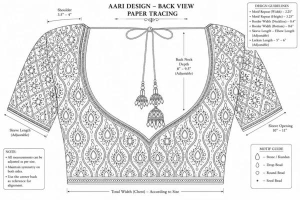 Peacock Bell Aari Blouse Design back neck bridal Aari embroidery with tassels and kundan work paper tracing