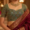 Peacock Bell Aari Blouse Design front view with bridal Maggam Work embroidery and kundan stones