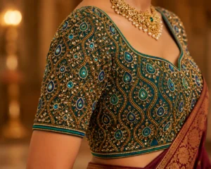 Peacock Bell Aari Blouse sleeve design featuring heavy stone work and bridal Maggam embroidery