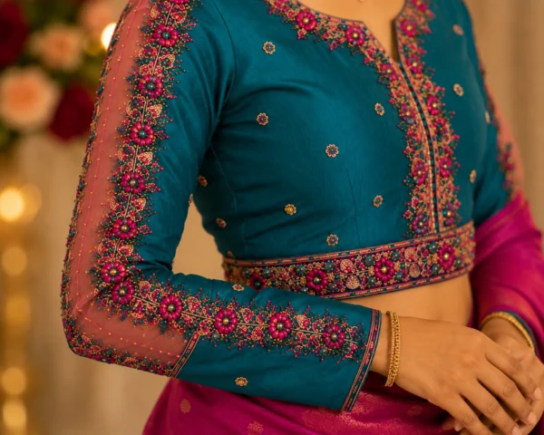 Heavy Floral Aari Embroidery Sleeve Design with Stones and Beads