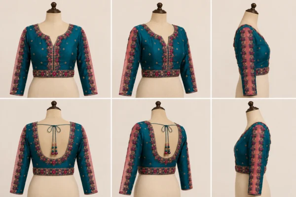 360 Degree View of Peacock Teal Bridal Aari Blouse Design