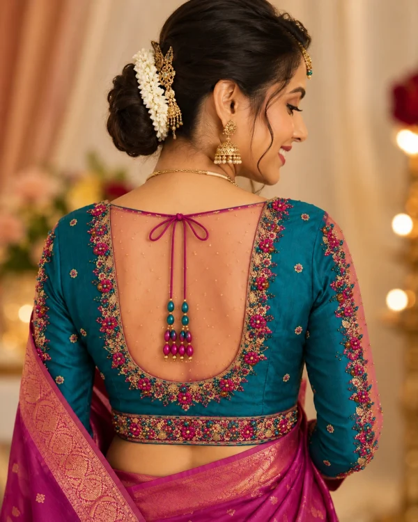 Peacock Teal Bridal Aari Blouse Back Neck Design with Floral Embroidery