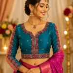 Peacock Teal Magenta Bridal Aari Blouse Front View with Heavy Maggam Work