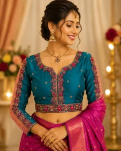 Peacock Teal Magenta Bridal Aari Blouse Front View with Heavy Maggam Work