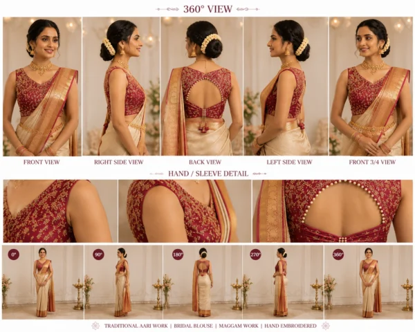 360 Degree View of Pink Bridal Aari Work Blouse with Traditional Silk Saree