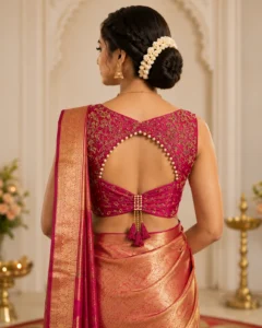 Back View of Pink Bridal Aari Blouse with Pearl Border Keyhole Neck Design