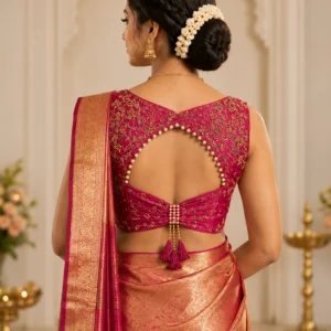 Back View of Pink Bridal Aari Blouse with Pearl Border Keyhole Neck Design