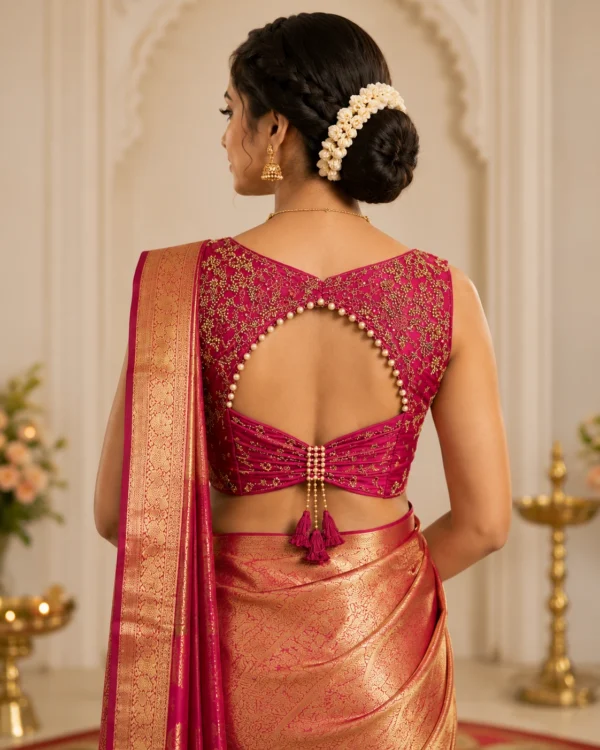 Back View of Pink Bridal Aari Blouse with Pearl Border Keyhole Neck Design