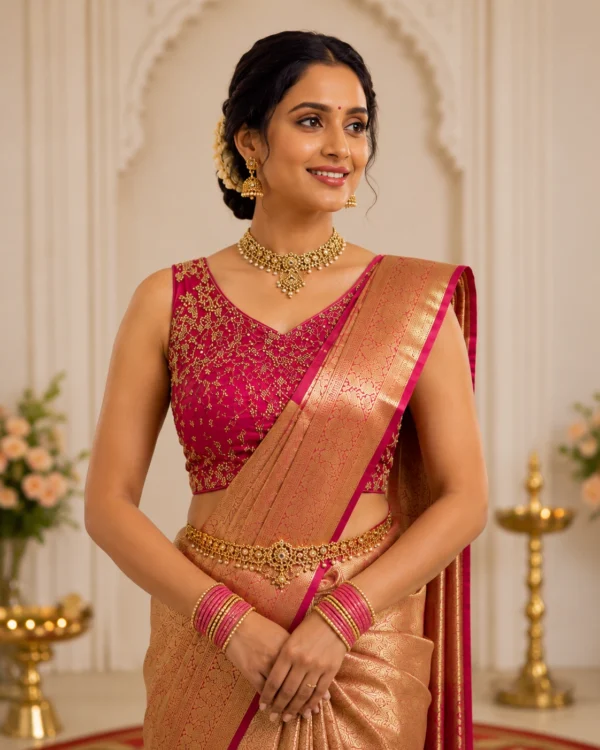 Front View of Pink Bridal Aari Blouse with Floral Maggam Work Embroidery