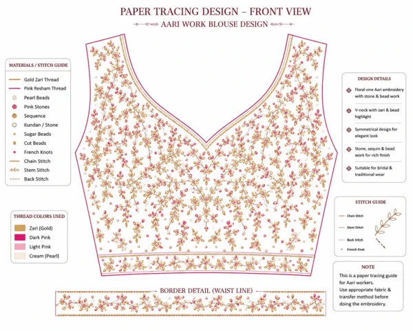 Front Paper Tracing Pattern for Pink Bridal Aari Blouse Design