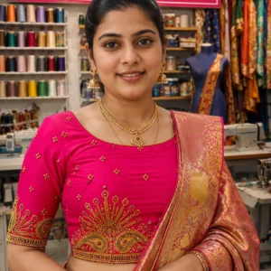 Rani Pink Peacock Paisley Bridal Aari Blouse Front Design with Gold Maggam Work