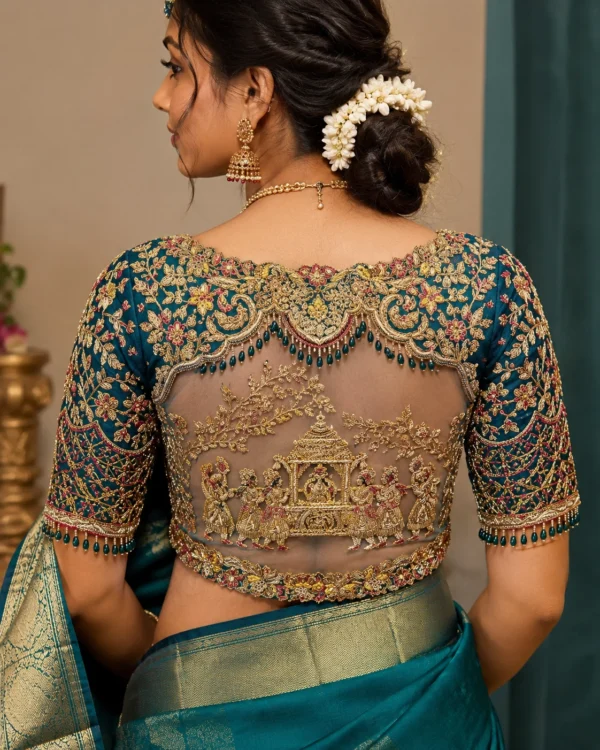 Royal Bridal Aari Blouse back view featuring temple procession Aari embroidery