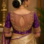 Bridal Aari Blouse Back View with Leaf Keyhole Neck Design and Floral Maggam Work
