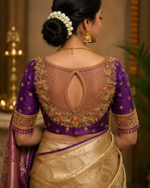 Bridal Aari Blouse Back View with Leaf Keyhole Neck Design and Floral Maggam Work