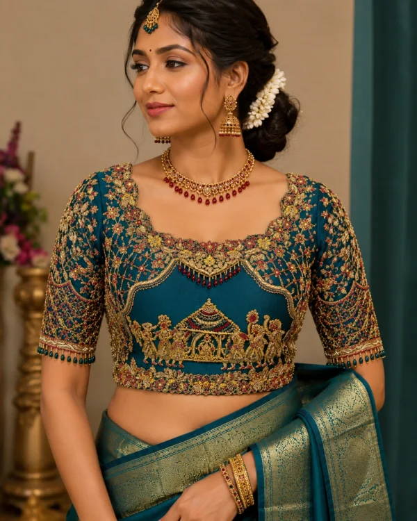 Royal Bridal Aari Blouse Design front view with luxury Maggam Work embroidery