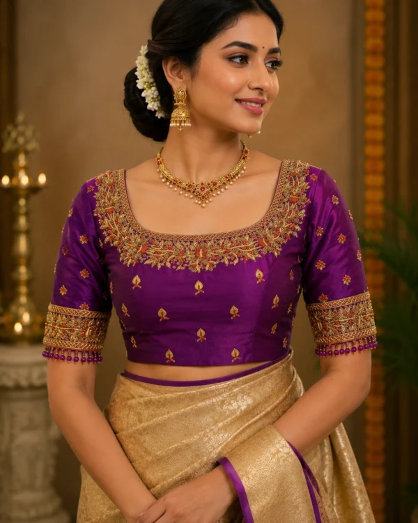Royal Bridal Aari Blouse Front View with Heavy Maggam Work Embroidery and Designer Neckline
