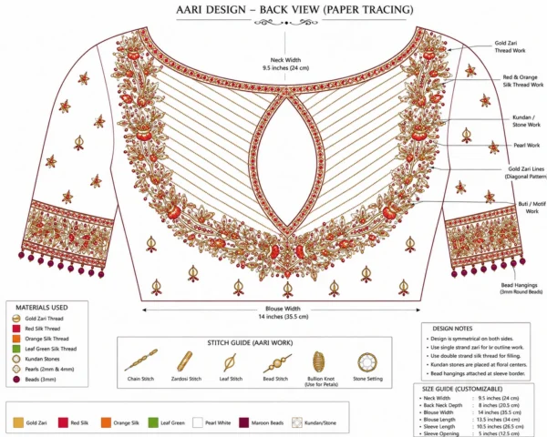 Back Neck Leaf Keyhole Aari Design Paper Tracing Pattern for Bridal Blouse