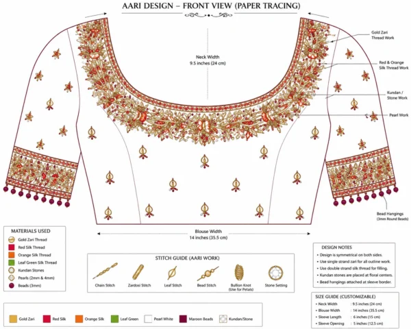 Front Neck Aari Design Paper Tracing Pattern for Bridal Blouse Embroidery