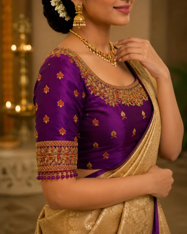 Designer Sleeve Aari Embroidery with Stone Work and Bead Tassels