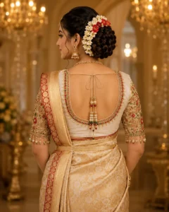 Kerala Bridal Aari Blouse back neck design with deep U neck, pearl tassels and floral embroidery