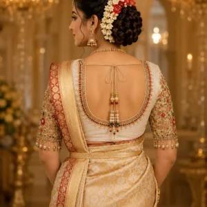 Kerala Bridal Aari Blouse back neck design with deep U neck, pearl tassels and floral embroidery