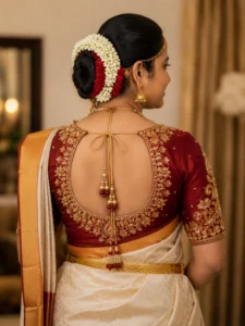 Kerala bridal blouse back neck design with intricate Aari embroidery and handcrafted Maggam work