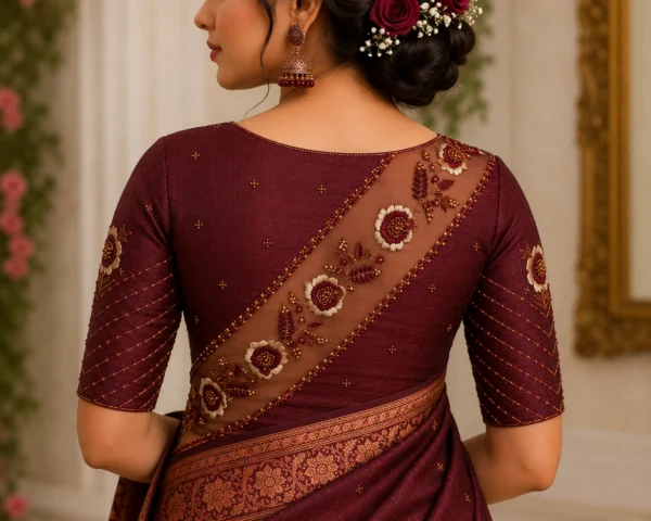 Designer Wine Bridal Aari Blouse with Diagonal Net Panel and Floral Aari Embroidery Back View