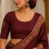 Luxury Wine Bridal Aari Blouse Design with Antique Copper Maggam Work Front View