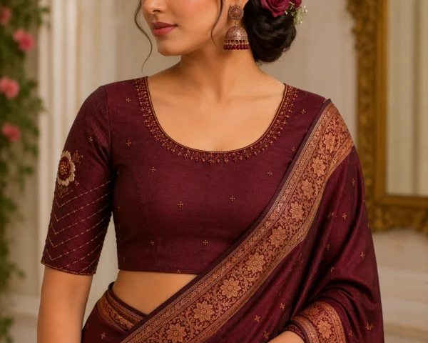 Luxury Wine Bridal Aari Blouse Design with Antique Copper Maggam Work Front View