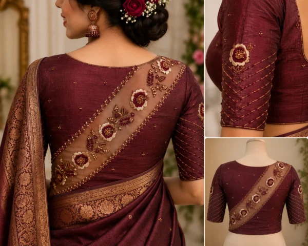Bridal Wine Silk Aari Blouse with Antique Copper Floral Embroidery and Designer Back Pattern