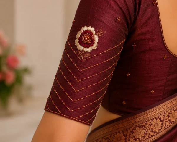 Hand Embroidered Bridal Aari Blouse Sleeve Design with Bead Work and Maggam Work