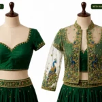 2 in 1 Invisible Aari Jacket with emerald green royal peacock embroidery on transparent organza for South Indian bridal blouse custom tailoring