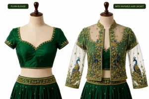 2 in 1 Invisible Aari Jacket with emerald green royal peacock embroidery on transparent organza for South Indian bridal blouse custom tailoring