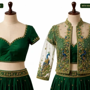2 in 1 Invisible Aari Jacket with emerald green royal peacock embroidery on transparent organza for South Indian bridal blouse custom tailoring