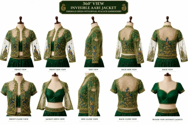 2 in 1 Invisible Aari Jacket with emerald green royal peacock embroidery on transparent organza for South Indian bridal blouse custom tailoring 360 view