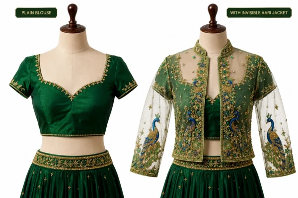 2 in 1 Invisible Aari Jacket with emerald green royal peacock embroidery on transparent organza for South Indian bridal blouse custom tailoring