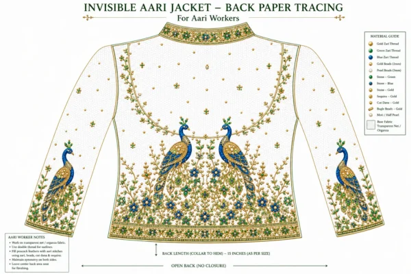 2 in 1 Invisible Aari Jacket with emerald green royal peacock embroidery on transparent organza for South Indian bridal blouse custom tailoring back tracing