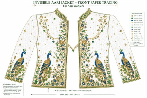 2 in 1 Invisible Aari Jacket with emerald green royal peacock embroidery on transparent organza for South Indian bridal blouse custom tailoring front tracing