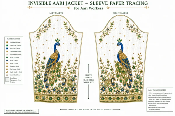 2 in 1 Invisible Aari Jacket with emerald green royal peacock embroidery on transparent organza for South Indian bridal blouse custom tailoring sleeve tracing